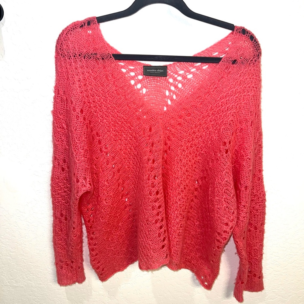 Wooden Ships Coral Open-Weave V-Neck Sweater